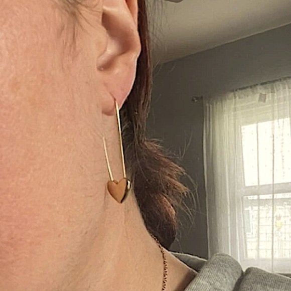 Heart Safety Pin Gold Sterling Silver Earrings Set - Picture 5 of 11